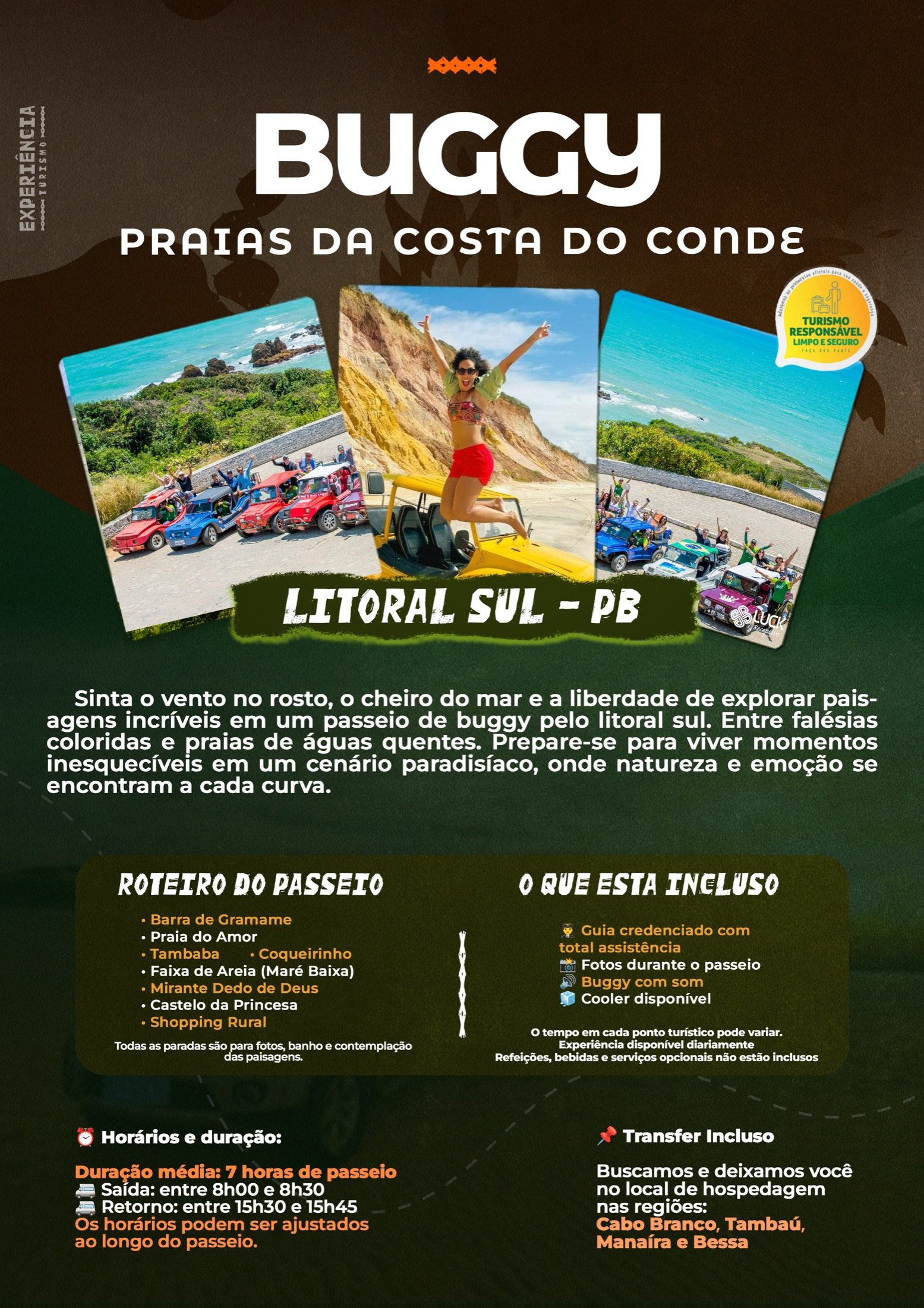 Arte do roteiro Buggy — Praias da Costa do Conde, com os passeios, horários e o que está incluso