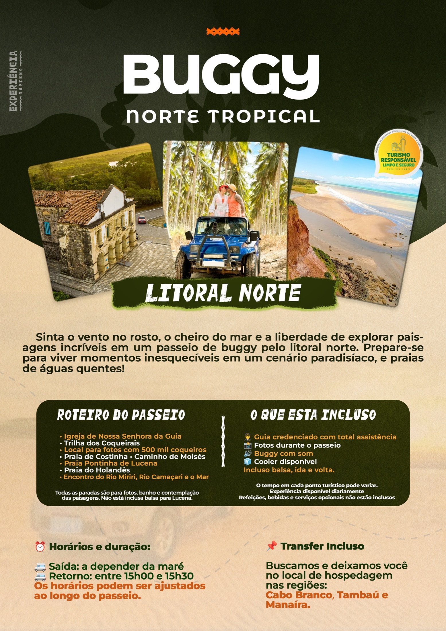 Arte do roteiro Buggy Norte Tropical, com os passeios, horários e o que está incluso