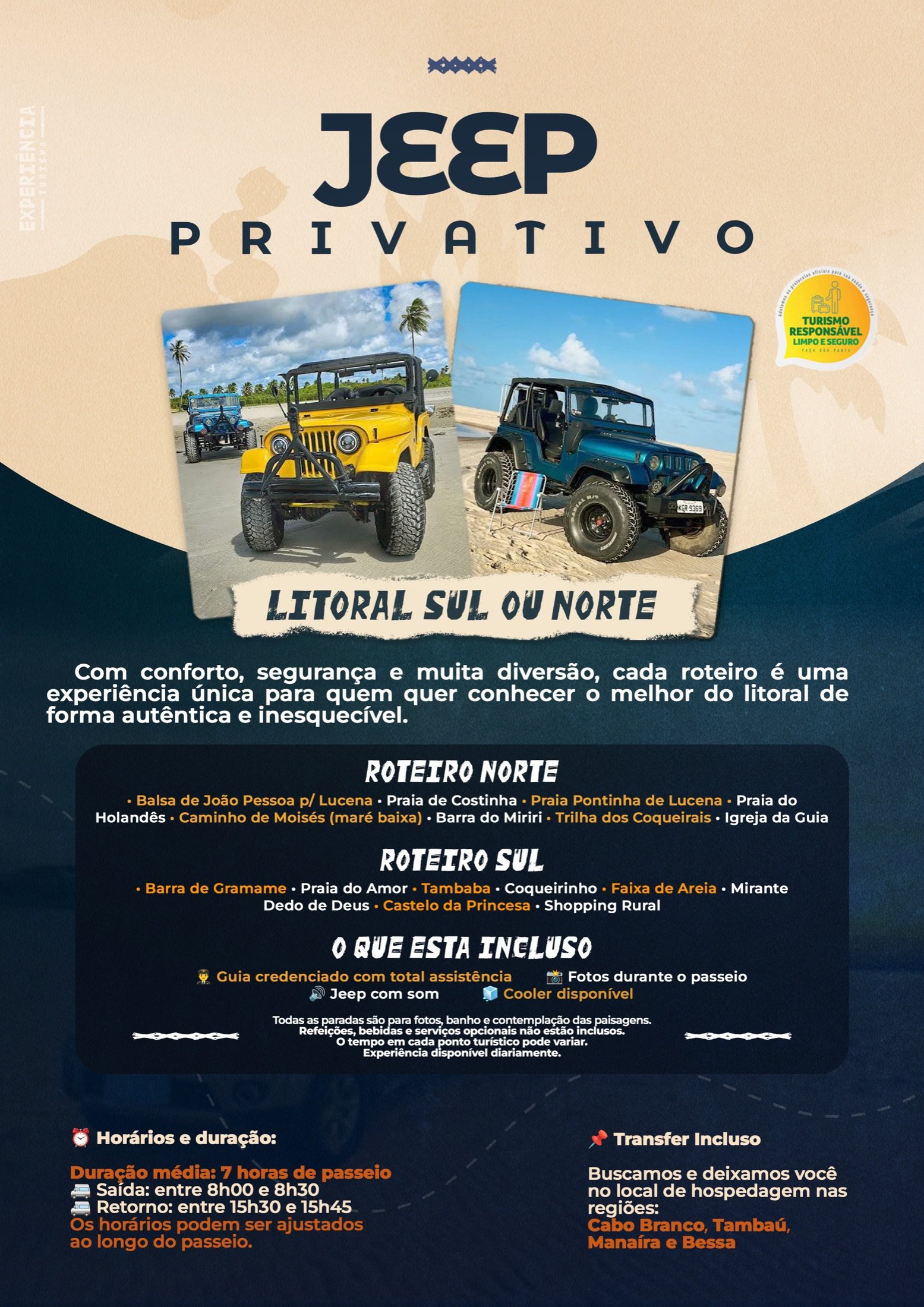 Arte do roteiro Jeep Privativo — Litoral Sul ou Norte, com os passeios, horários e o que está incluso